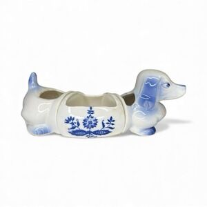 Vtg 1960's 3 Pc. Positional Blue Willow Dog Dachshund Planter Snack Tray Japan